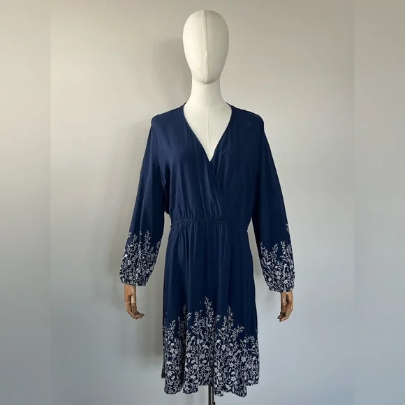 Old Navy Navy Floral Faux Wrap Dress Boho Coastal Size L - Picture 3 of 12